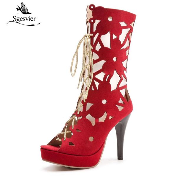 

sgesvier fashion gladiator sandals women summer cut-outs cross tied boots thin heel lace up casual shoes size 34-44 b509, Black