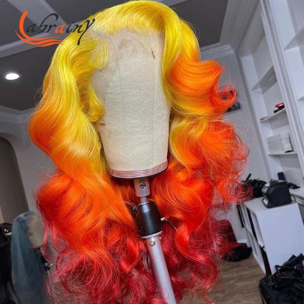 

lace wigs body wave ombre yellow ginger hd transparent front human hair wig full orange 13x6 frontal wavy colored 40 inches, Black;brown