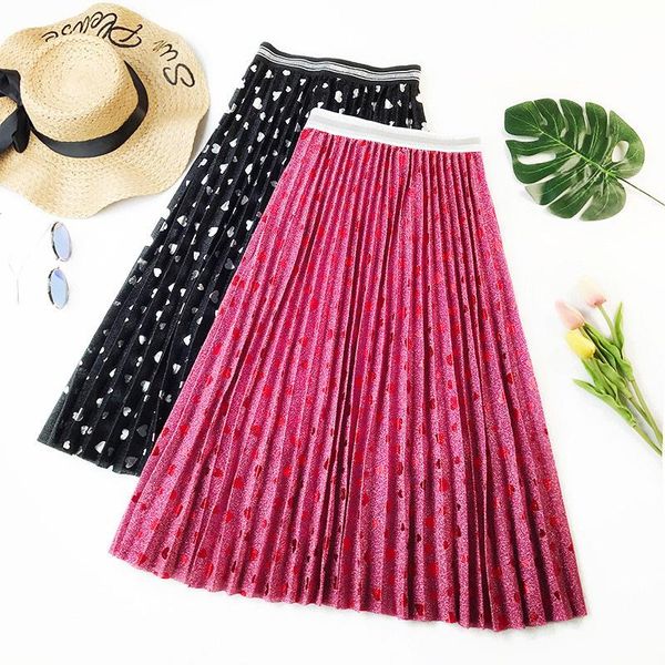 

skirts 2021 autumn spring summer runway red love pleated women all match metallic silver female lady midi skirt, Black