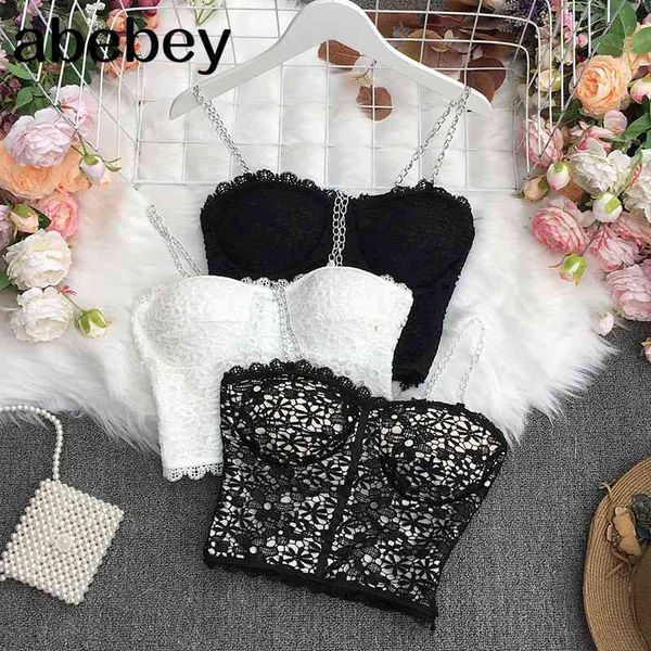 

spring all-match sleeveless cami vest metal chain shoulder strap lace short 210512, White