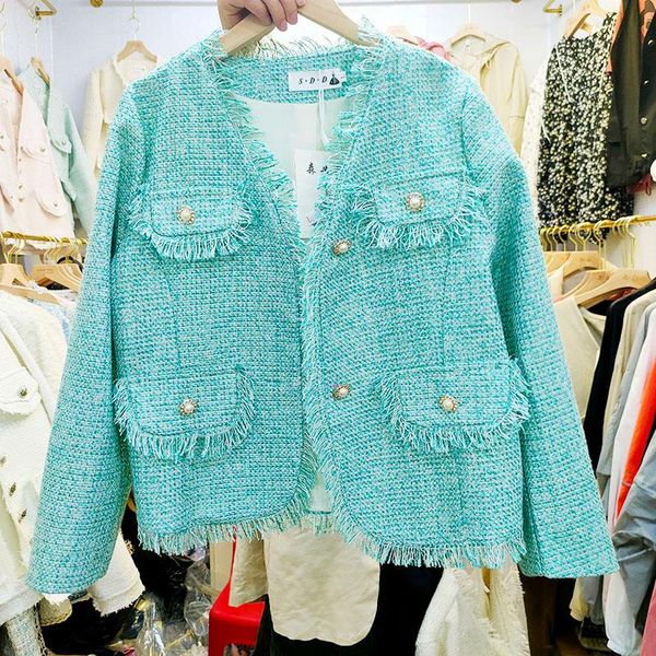 

women's jackets small fragrance tweed jacket women 2021 spring and summer loose v-neck pearl buckle fringed top, Black;brown
