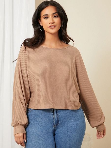 

plus batwing sleeve rib-knit tee i7lk#, Black