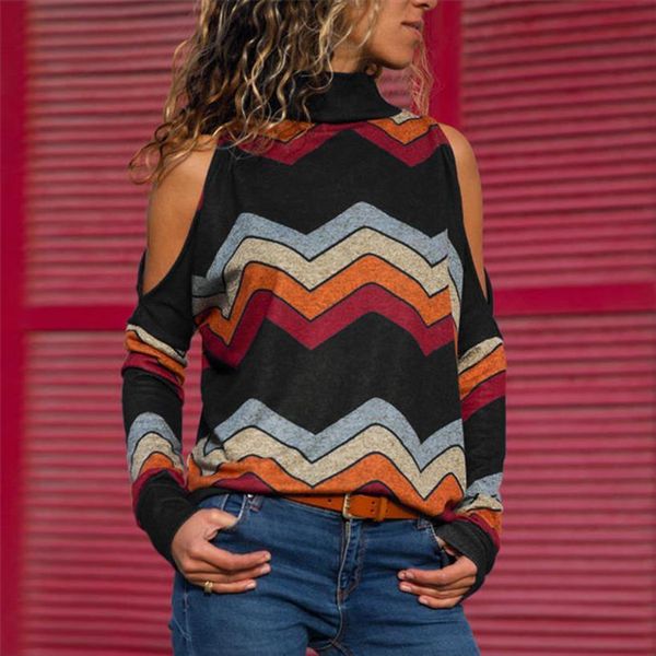 

cold shoulder casual women shirts turtleneck knitted jumper pullover print long sleeve shirt blusas, White