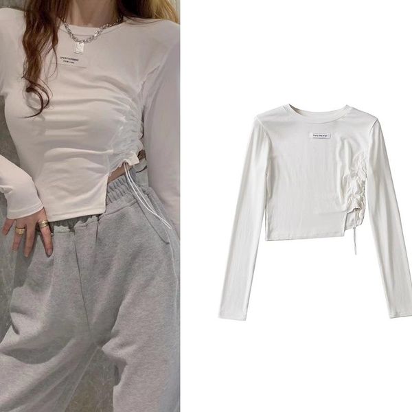 

women's t-shirt side drawstring long-sleeved 2021 autumn product female slim fit casual fashion commuter pullover, White