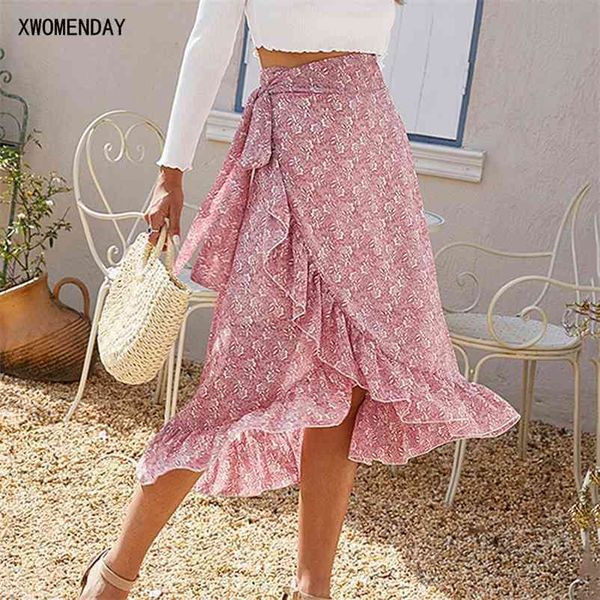 

woman skirts high waist fashion long black knotted tied wrap floral ruffle chiffon a line split skirt spring summer clothes 210621