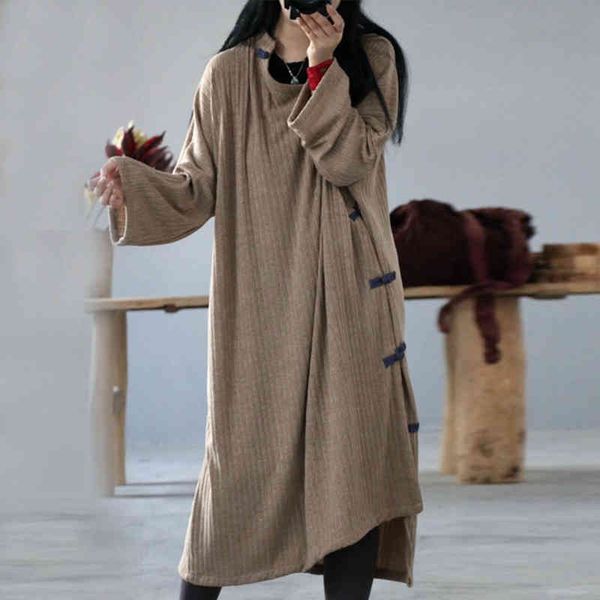 

johnature autumn cotton loose dress long sleeve plus size casual vintage solid color o-neck button women dresses 210521, Black;gray