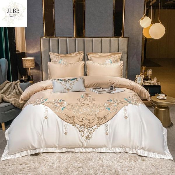 

bedding sets luxury champagne white splicing satin cotton flowers embroidery set soft silky duvet cover flat/fitted sheet pillowcases
