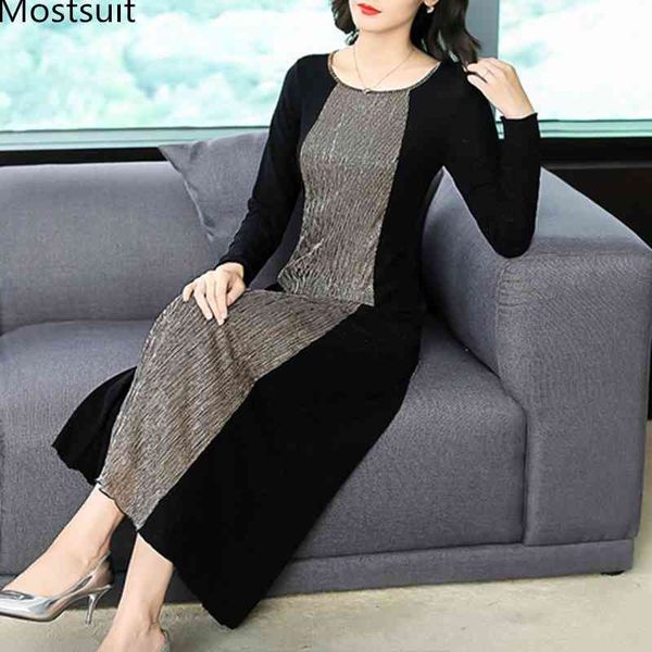 

spring autumn black gold long maxi dress women vintage color-blocked sleeve dresses casual office party vestidos mujer 210518, Black;gray