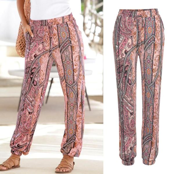 

women's leggings 2021 summer selling boho printed cotton trousers loose pants printing elastic hem waist with pockets wholesale mujer, Black