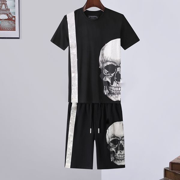 

22ss skull designer t shirts pants 2 piece sets mens summer tracksuits casual punk solid crystal t-shirt print letter tee skateboard clothi, Gray