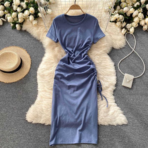 

summer gray/khaki/blue/black midi dress women round neck short sleeve drawstring high waist bodycon vestidos female 2021 fashion y0603, Black;gray