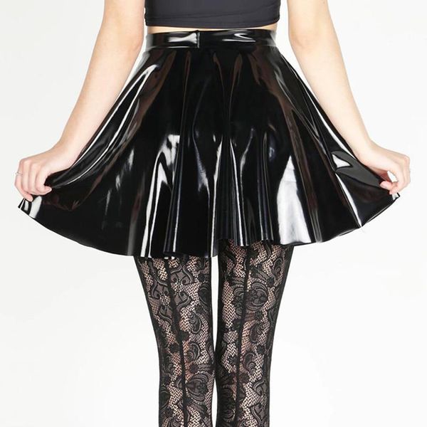 

skirts fashion punk mini leather skirt dance rave outfit wet look pu high waist flared pleated a-line skater party, Black