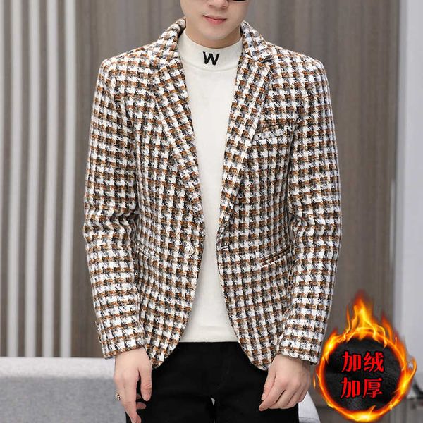 

winter men blazers thick woolen suit jacket casual slim fit wedding business dress coat plaid street wear social jacket terno 210527, White;black