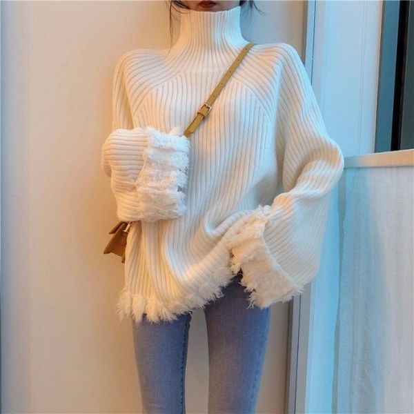 

autumn winter korean women's sweater tassel long sleeve turtleneck knit pullover loose thick y232 sweaters, White;black