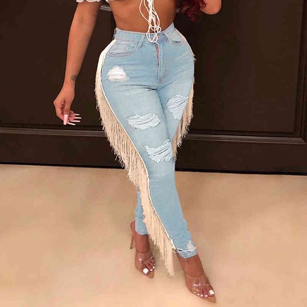 

jean tassels womens holes denim jeans skinny elastic high waist slim pencil pants plus size trousers, Blue