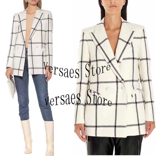 

women's suits & blazers 2021 luxury design checkered fashion long sleeve coat temperament versatile lapel slim double breasted wool sui, White;black