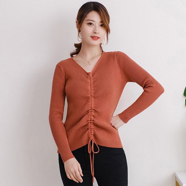 

women's sweaters autumn women v-neck knitted sweater pullover long sleeve 2021 drawstring solid color loose jumper trf001, White;black