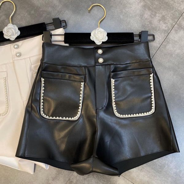 

women's shorts fabpop 2021 fall winter arrivals pearls buttons high waist pu streetwear women gc477, White;black