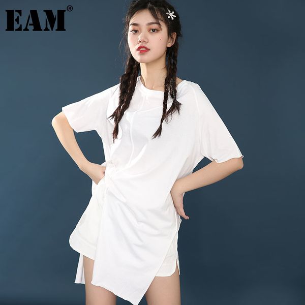 

[eam] women white irregular split joint long t-shirt round neck short sleeve fashion spring summer 1w94400 210512