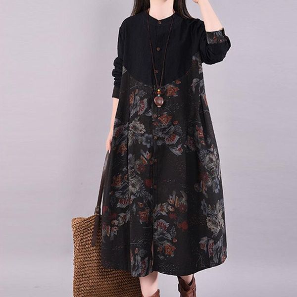 

casual dresses retro women's autumn and winter dress loose large size long sleeve temperament stitching print, Black;gray