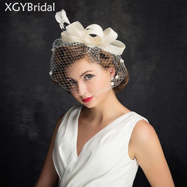 

headpieces 2021 arrival bridal hat hair accessories retro korean lace net feather satin weave flower pattern, Silver