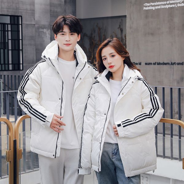 

three bar winter thickened loose hooded bread and women's lovers' white duck down et, Black