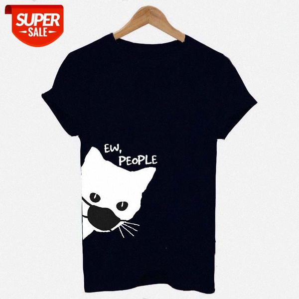 

ew people mask cat pattern female print t-shirt loose #cs1y, White