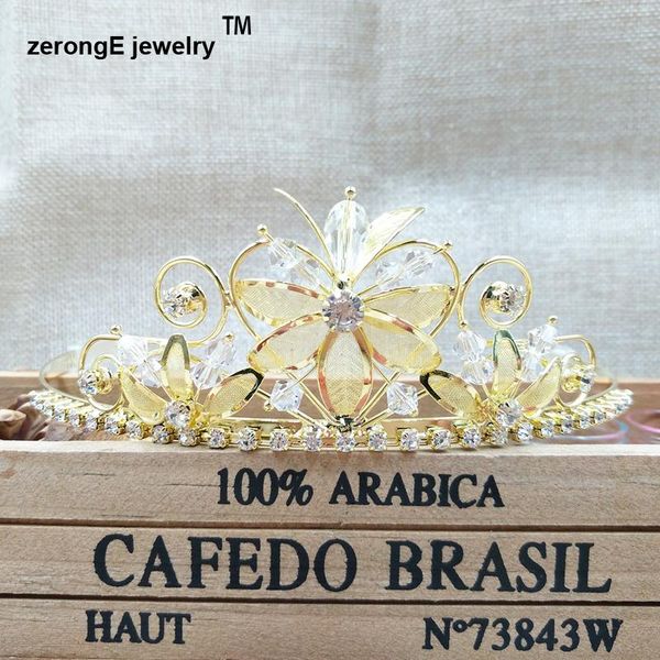 

hair clips & barrettes zeronge jewelry 1.8inch fashion gold flower shape princess homecoming tiara elegant crystal beads wedding bride for l, Golden;silver