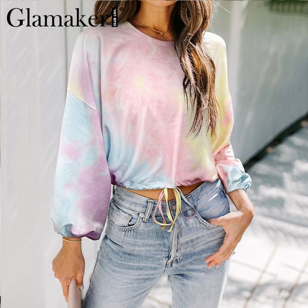 

glamaker basic hoodies women long sleeve hoodie streetwear tie dye color sweatshirt hip pop loose short shirt pullover 210414, Black