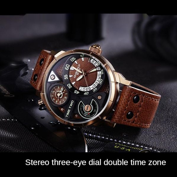 Relógios de relógio de relógio de moda masculina personalidade dupla fuso horário de quartzo multifuncional luminosa dupla impermeável três olhos