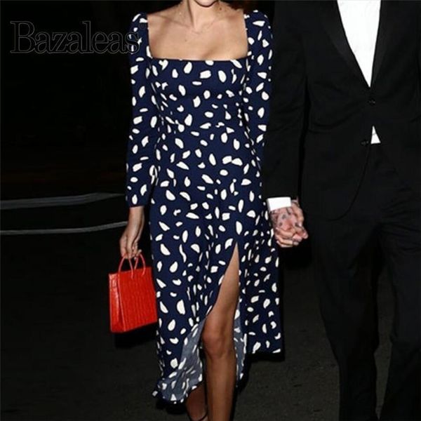 

vintage navy dot print midi women dress square neckline long sleeve fashion high split vestido, Black;gray