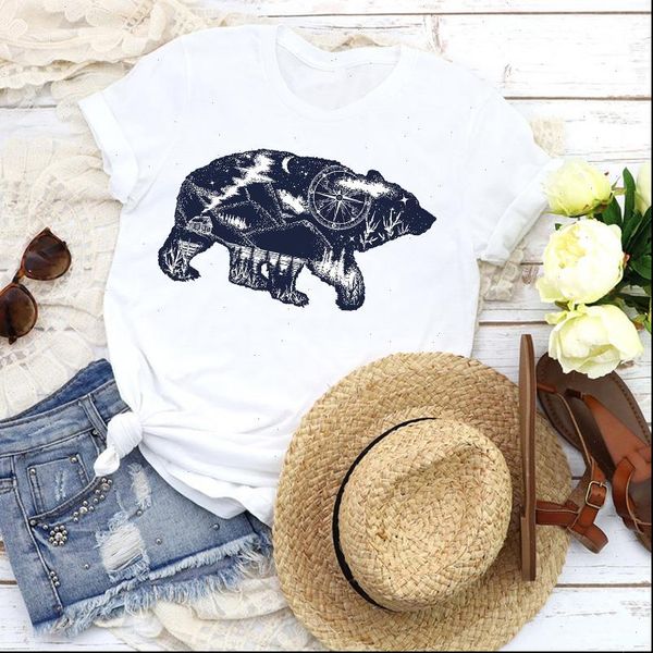 

women graphic womens t shirt bear animal road trip lady 90s fashion horror skull tees print clothing female, White