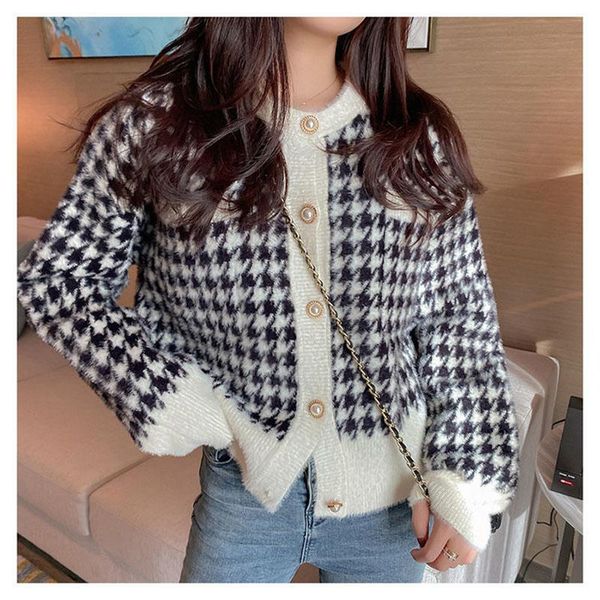 

women's knits & tees korean houndstooth short sweater cardigan jacket women elegant imitation mink fleece knitwear vintage o-neck knit, White