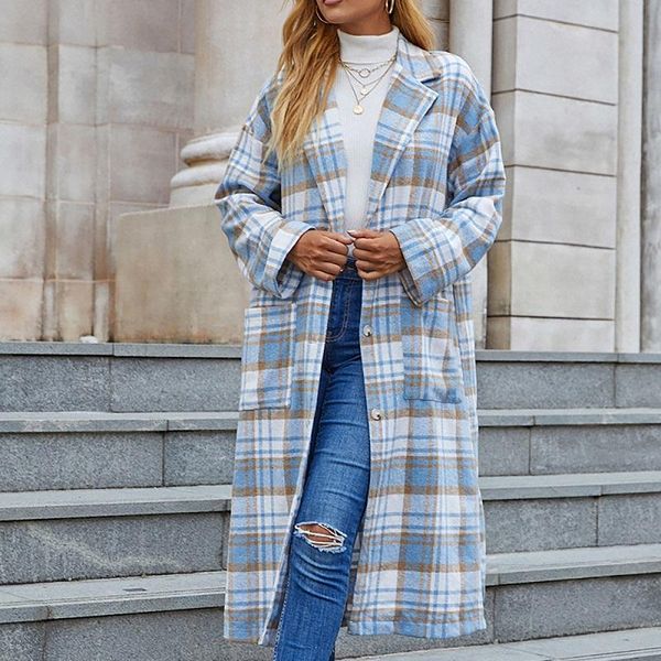 

women's wool & blends women coats autumn winter elegant long overcoat fashion plaid printed windbreaker office lady casual turn-down co, Black