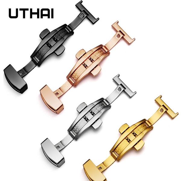 

watch bands uthai fold buckle p89 stainless steel butterfly double push 10-22mm button deployment clasp buckles accessori, Black;brown