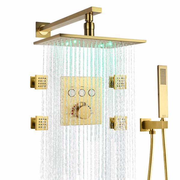 Thermostat-Duscharmatur-Set aus gebürstetem Gold, 20,3 x 30,5 cm, LED-Regenduschkopfsystem mit Handbrause, Massage-Körperdüsen