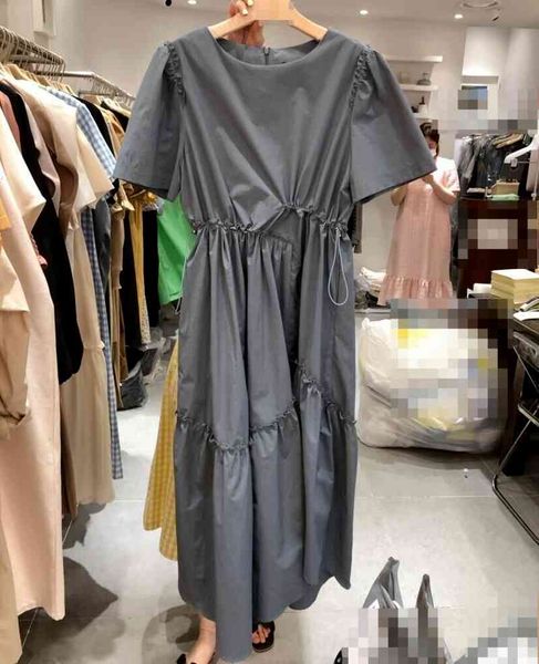 

korean fashion draw string woman dress summer short sleeve vestido de mujer comfortable solid slim waist dresses women 210514, Black;gray
