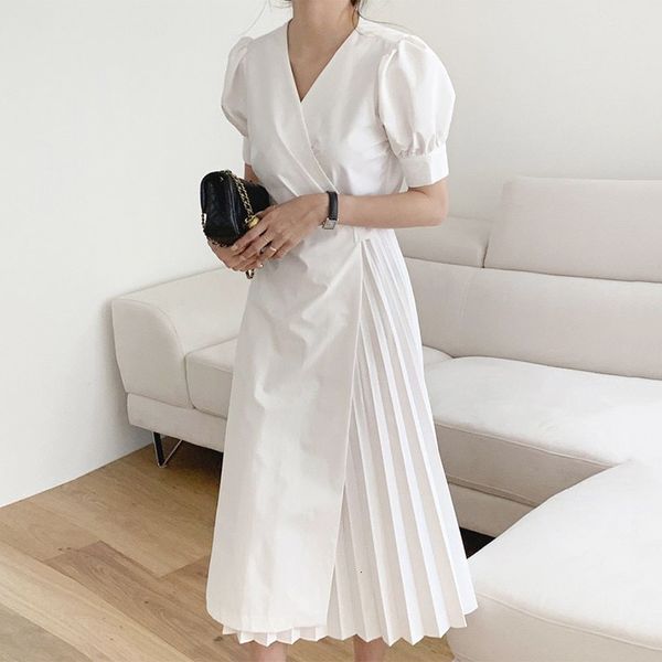 

casual dresses [ewq] vestido midi de renda costurado, tendÃªncia simples e chique, moda feminina, com decote em v, manga bufante solta, pliss, Black;gray