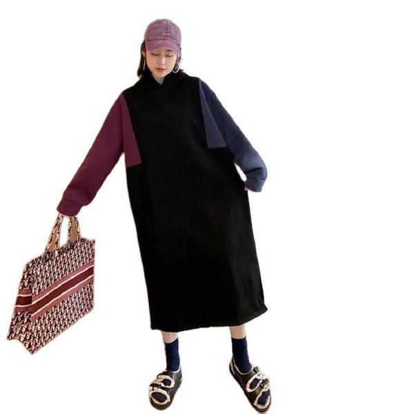 

casual dresses fashion fat mm plus size feminine clothes2021 velvet autumn and winter women thin color contrast thick dress, Black;gray