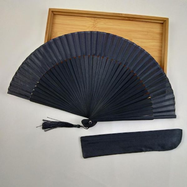 

party favor men foldable fan bamboo bone handheld chinese folding with storage bag and paper box (black)