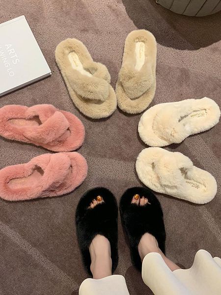 

house slippers platform shoes for girls slipers women luxury slides fur flip flops flock low lady 2021 designer flat massage, Black