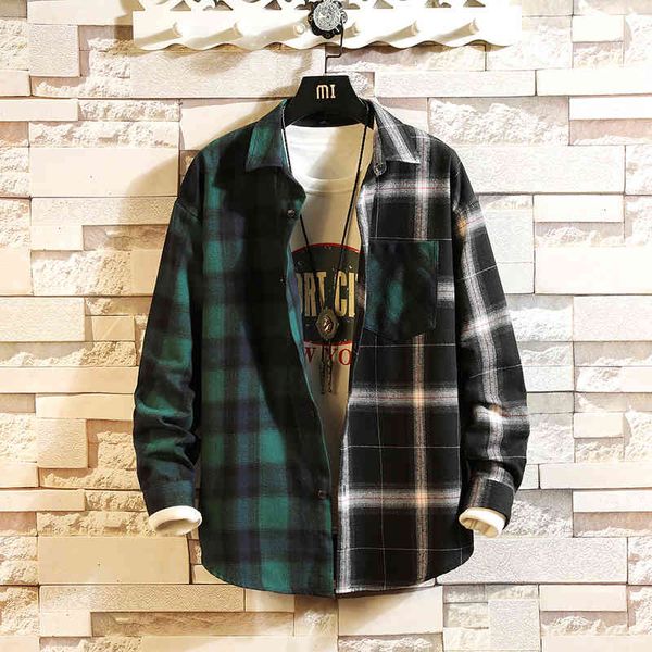 

japan style red patchwork plaid shirt men autumn hip hop streetwear casual flannel shirts korean long sleeve chemise homme 200925, White;black