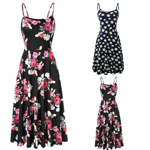

summer print design suspender women dresses sleeveless casual medium length vestidos mujer verano, Black;gray
