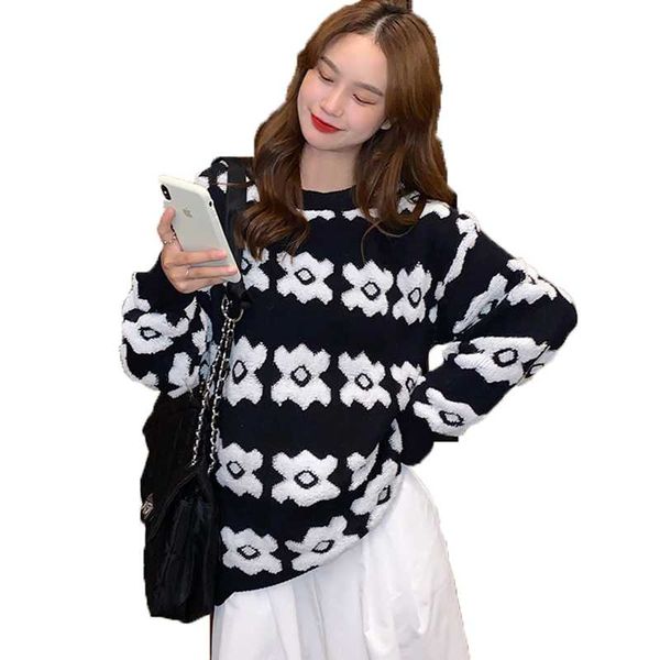 

women's sweaters black flower thick female autumn clothes korean oversize pulovers sweater 2021 winter a6531, White;black