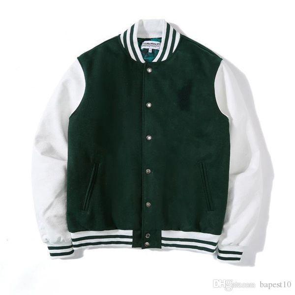

baseball uniform jacket black green leather canvas european american fashion brand autumn winter thickening warm men and women on the street, Black;brown