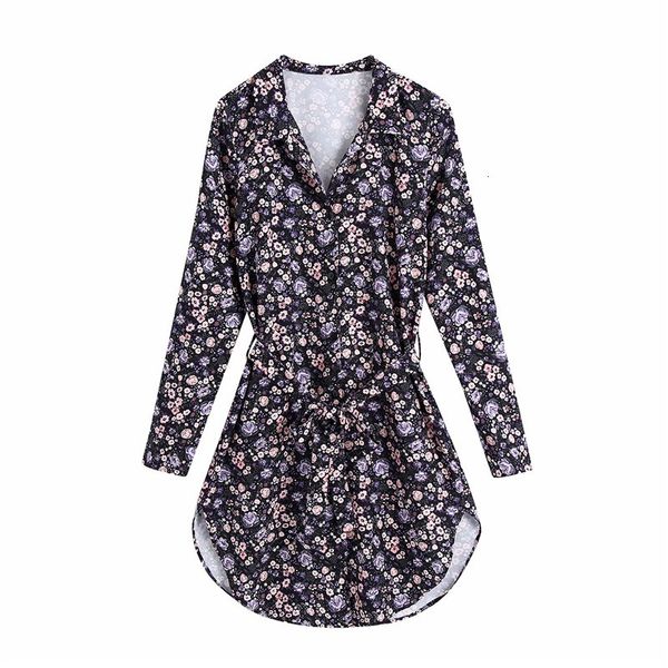 

casual dresses women elegant floral print sprint hm purple mini chic lady fashion long sleeve high waist shirt dress with belt 796, Black;gray