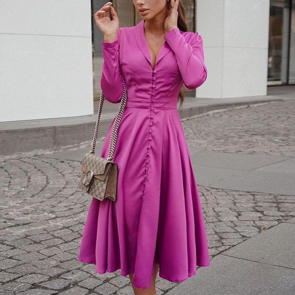 

casual dresses winter elegant turn-down collar dress women buttons long sleeve solid black a-line party female slim vestidos, Black;gray