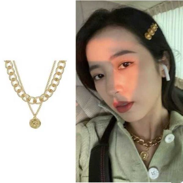 

pendant necklaces zhou yutong same embossed coin necklace temperament hip hop stacked chain round retro double clavicle, Silver