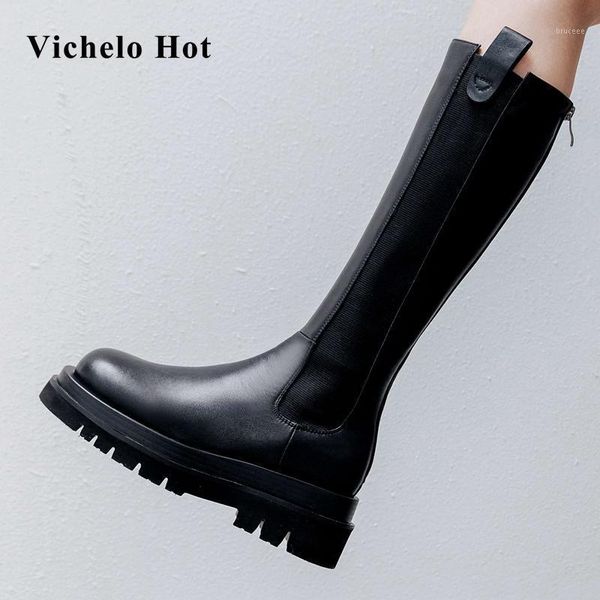 

boots vichelo 2021 big size winter natural leather round toe retro wild korean street pretty girls dating knee-high l151, Black