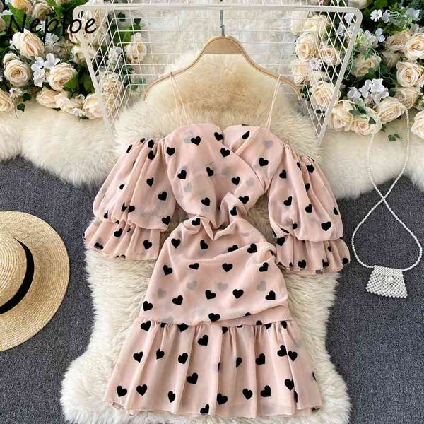 

neploe shoulder strapless love heart print dresses sweet ruffles patchwork mini dress women puff sleeve zip camis vestidos 210422, Black;gray